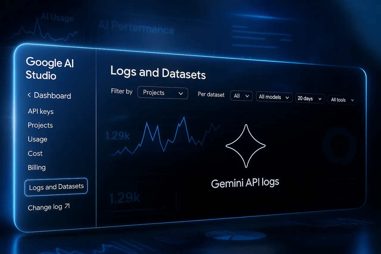 Google AI Studio Logs & Datasets dashboard showing AI app monitoring and performance analytics.