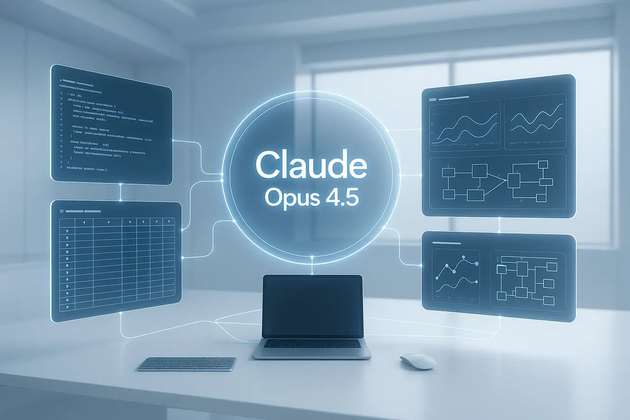 Claude Opus 4.5 advanced AI system interface with holographic tools and autonomous workflows.