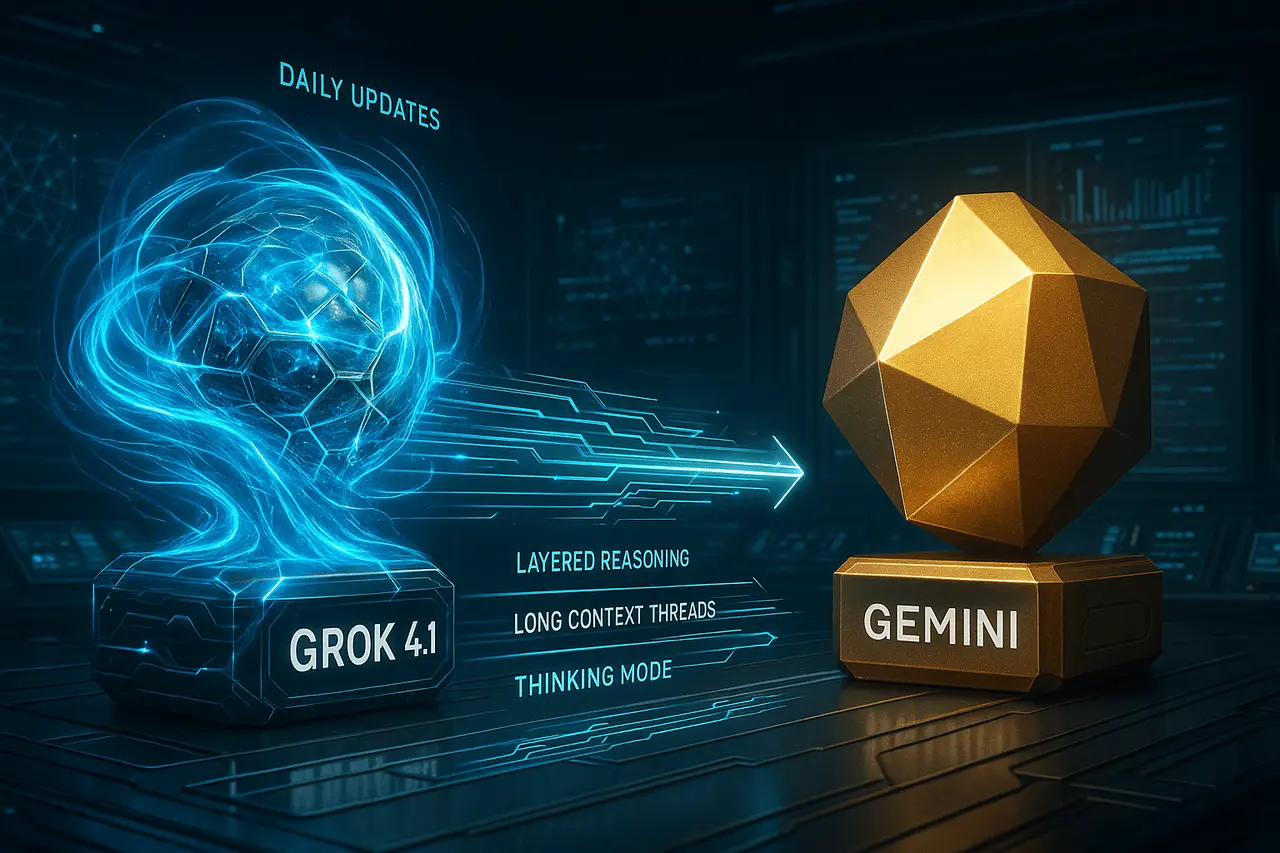 Illustration of Grok 4.1 update showing dynamic AI improvements compared to Gemini’s static model.