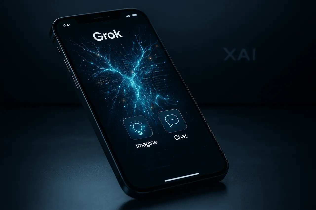 Grok App Update v1.3.8: Major Improvements to Imagine and Chat Grok App interface showing version 1.3.8 update with improvements to Imagine and Chat by xAI, displayed on a futuristic smartphone with glowing AI visuals.