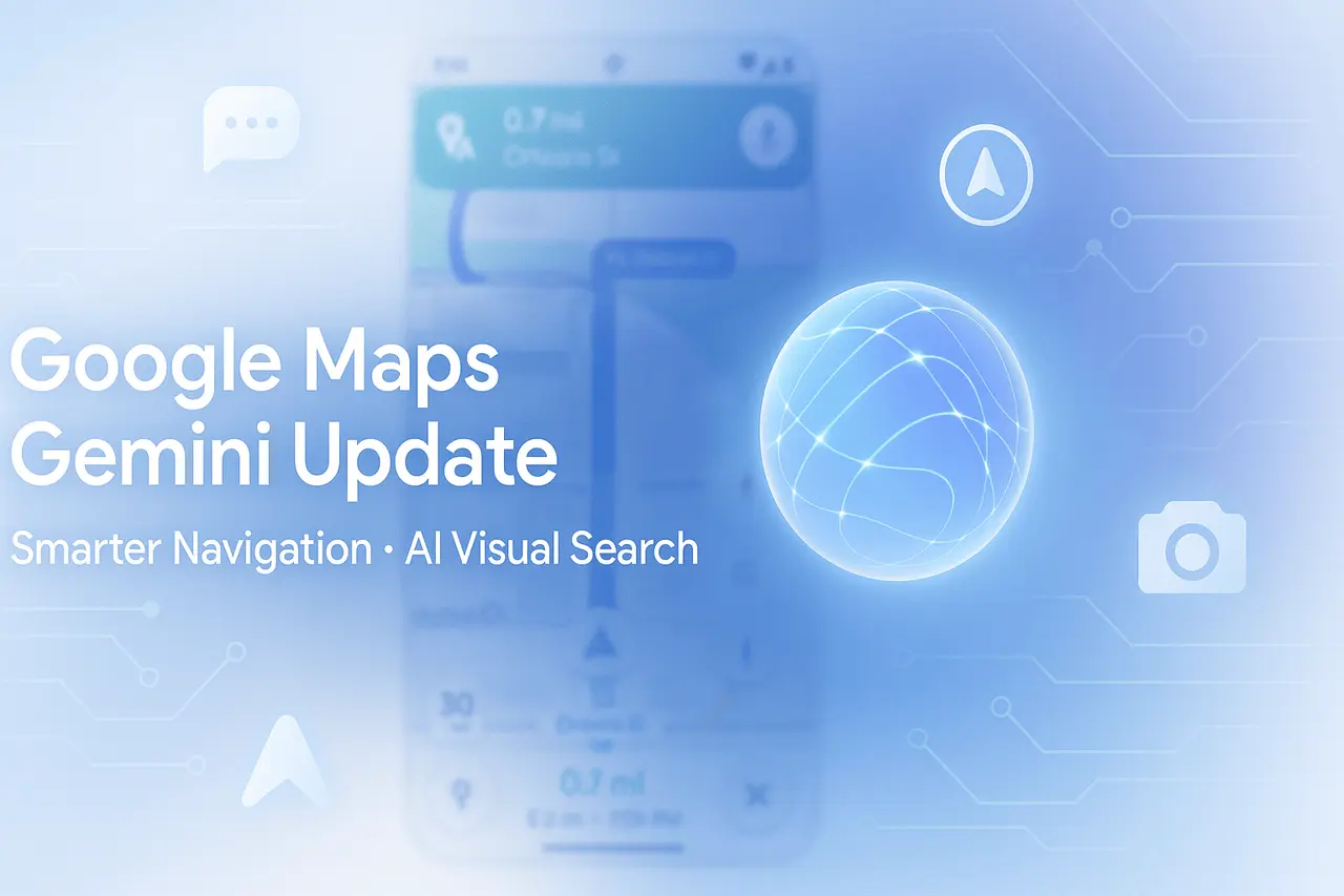 Feature image for Google Maps Gemini Integration article showing AI integration with Google Maps interface, glowing navigation paths, and futuristic Gemini visuals on a white background.