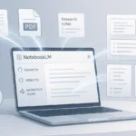 SuperGok AI workspace illustration showing NotebookLM slide decks created from uploaded documents and research sources.