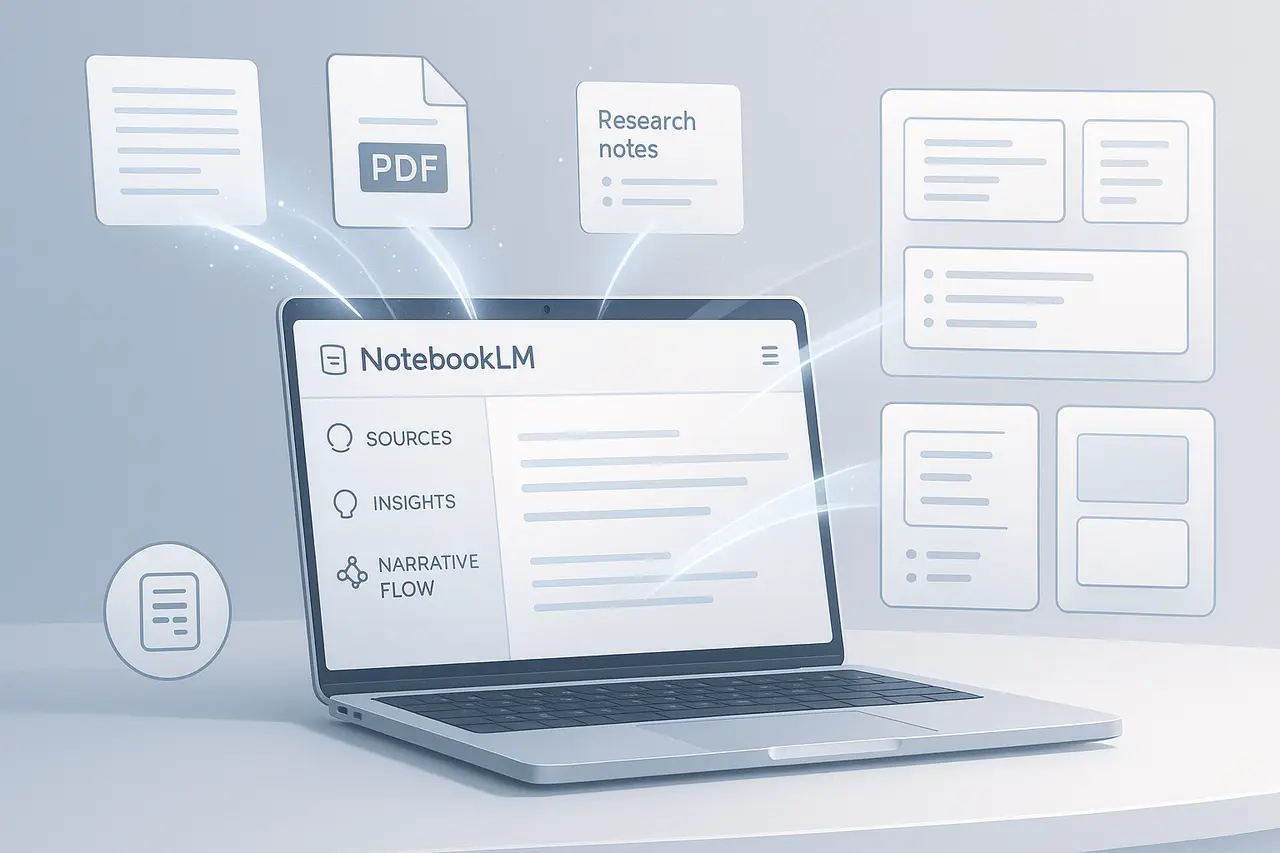 AI workspace illustration showing NotebookLM slide decks created from uploaded documents and research sources.