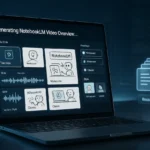 SuperGok Illustration of NotebookLM Video Overviews showing AI-generated slides and narration interface on a laptop screen.