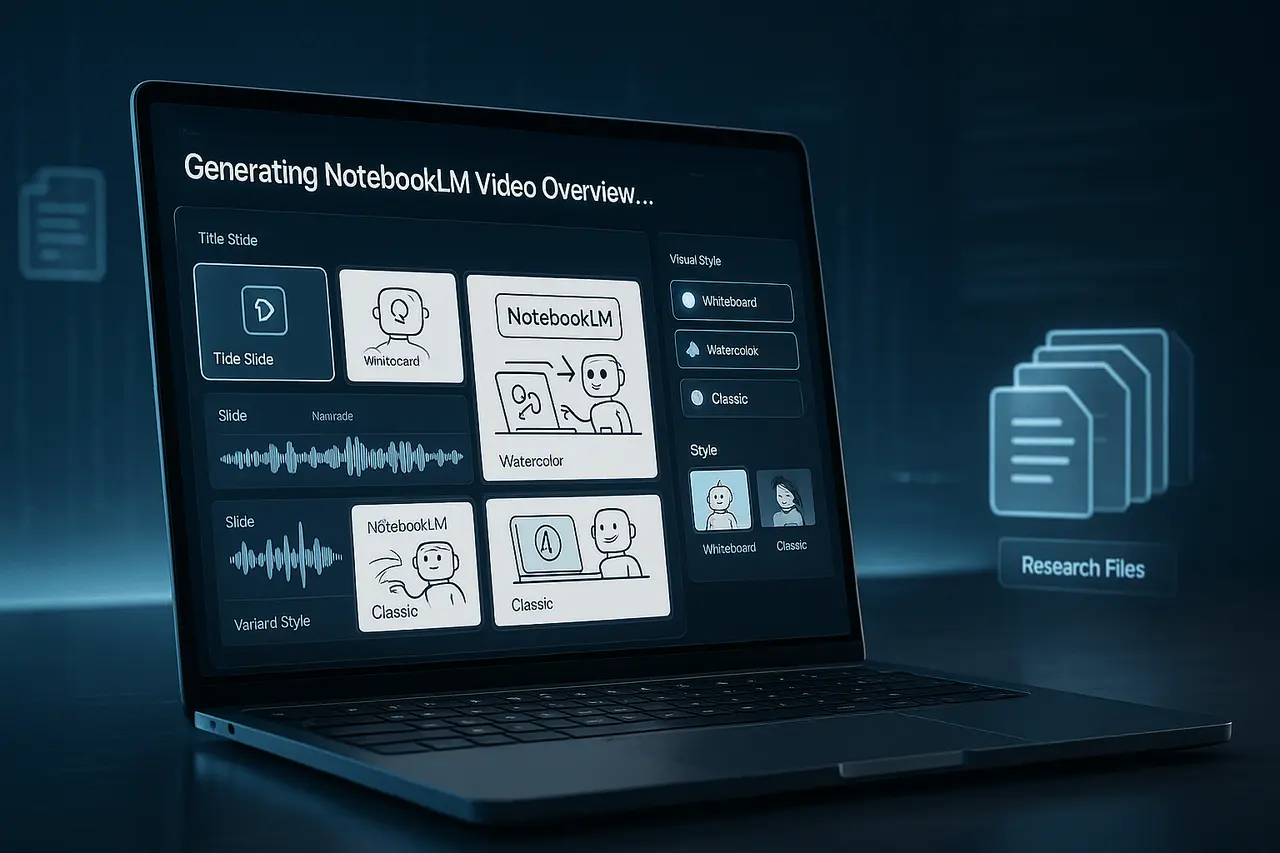 NotebookLM Video Overviews: Full Guide, Features, Tips and FAQs Illustration of NotebookLM Video Overviews showing AI-generated slides and narration interface on a laptop screen.