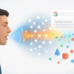 SuperGok Illustration of Google’s Speech-to-Retrieval S2R technology showing audio waves transforming into semantic search results.