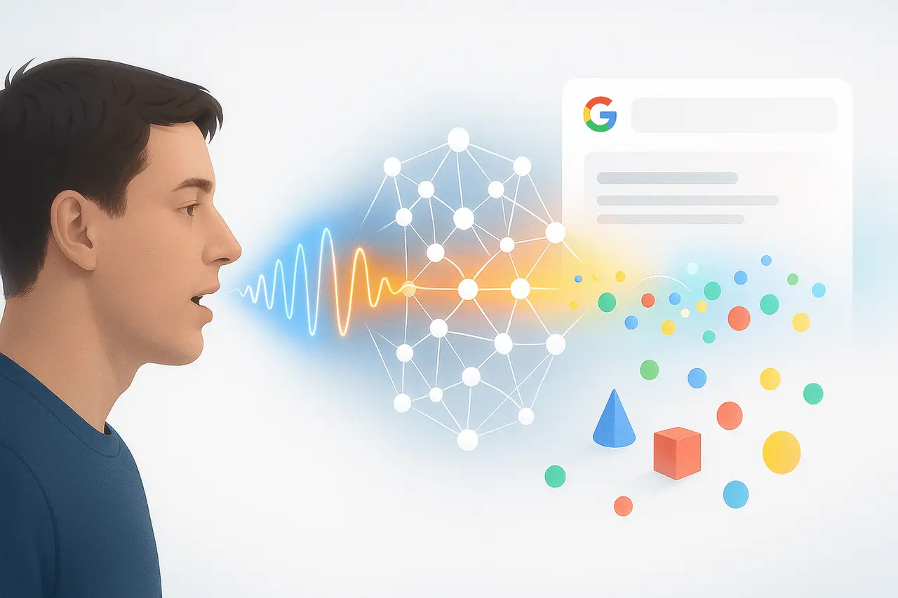 Speech-to-Retrieval S2R: Google’s New Voice Search Breakthrough Illustration of Google’s Speech-to-Retrieval S2R technology showing audio waves transforming into semantic search results.