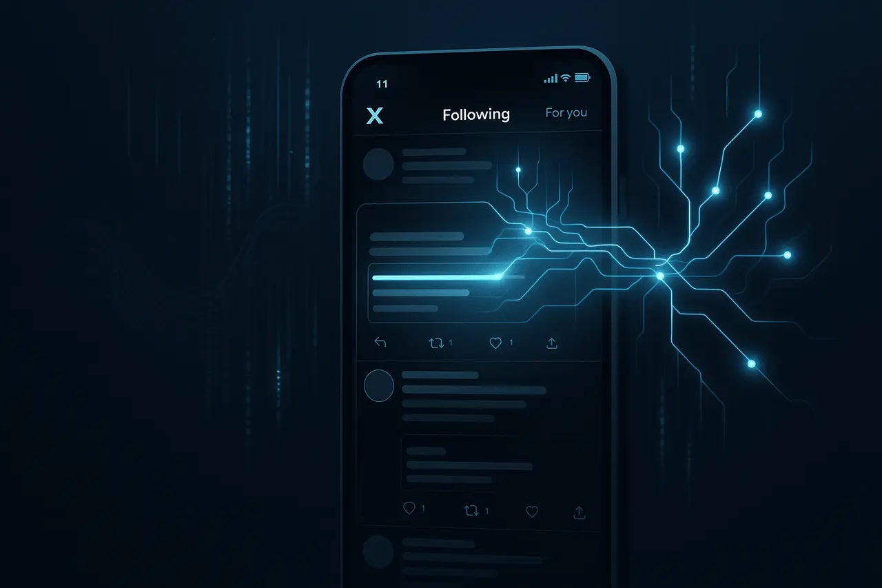 Illustration of the X Grok Following Feed Update showing AI-ranked posts and Grok analyzing the Following timeline.