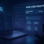 SuperGok xAI Grok Code Remote virtual environment concept showing AI-powered coding workspace with holographic screens.