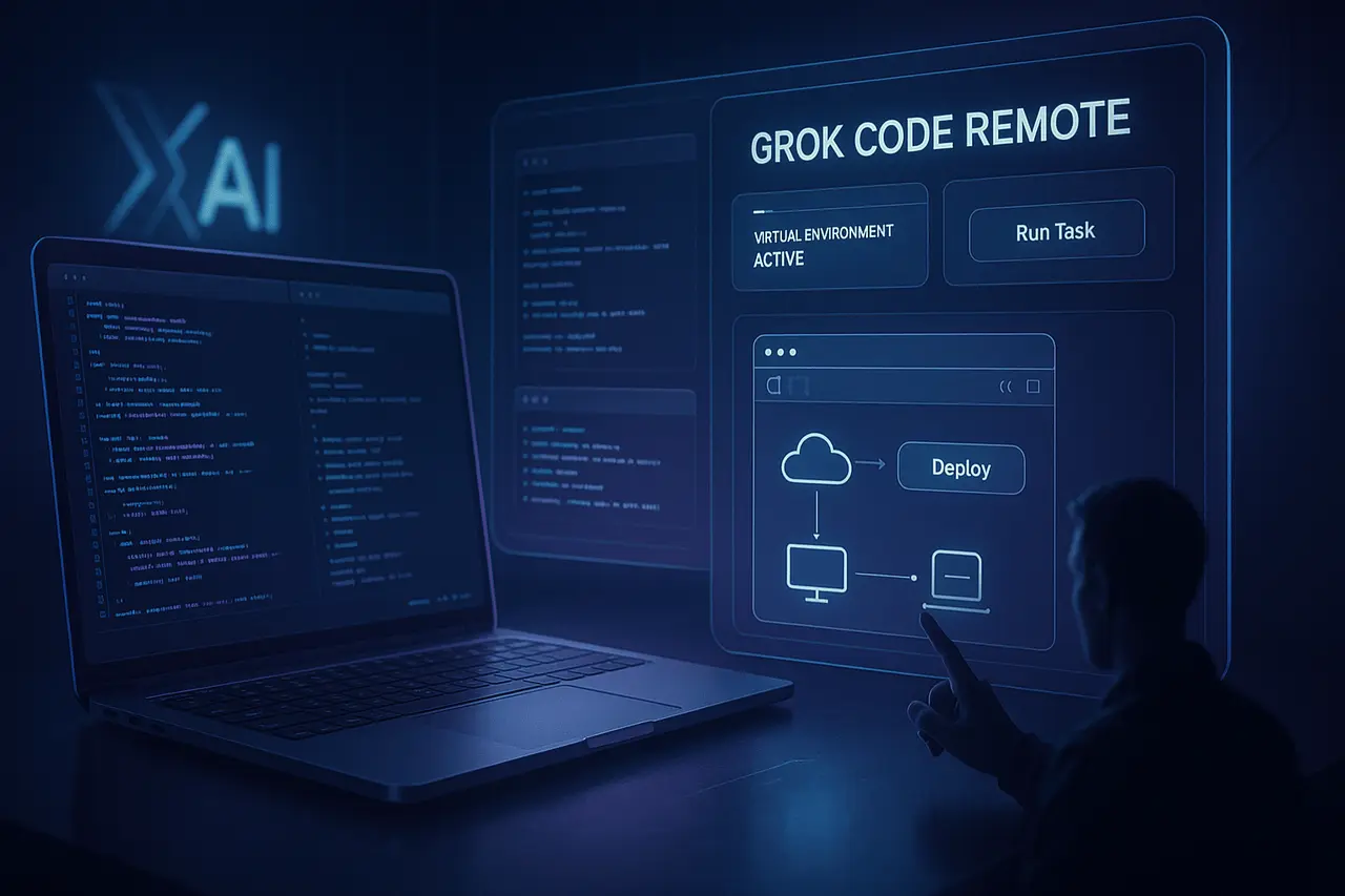 xAI Grok Code Remote: Web-Based AI Coding Environments Explained xAI Grok Code Remote virtual environment concept showing AI-powered coding workspace with holographic screens.