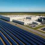 SuperGok Aerial visualization of the xAI solar farm beside the Colossus data center in Memphis, showing an 88-acre solar array supporting AI infrastructure.