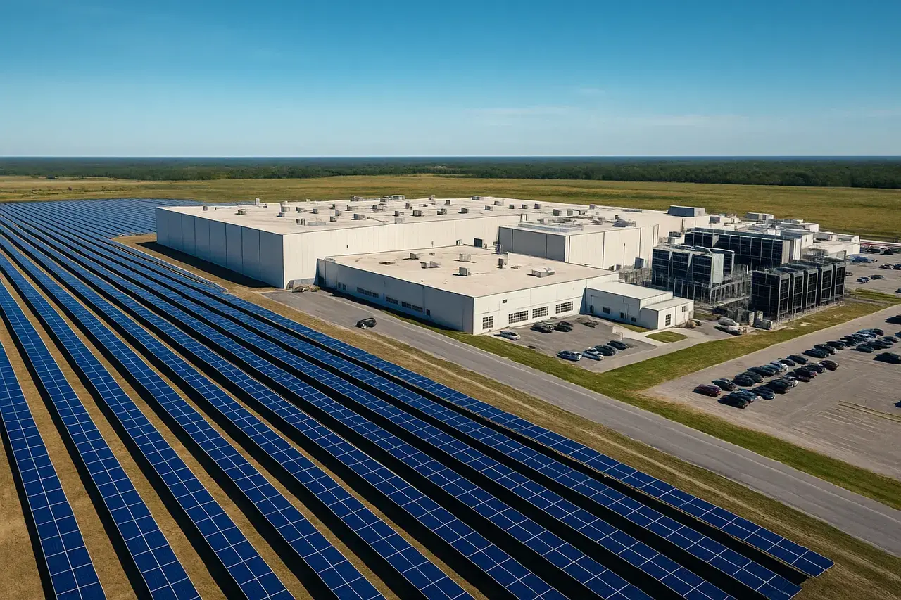 Aerial visualization of the xAI solar farm beside the Colossus data center in Memphis, showing an 88-acre solar array supporting AI infrastructure.