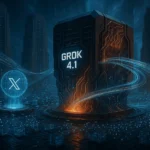 SuperGok Grok 4.1 context-memory architecture inside xAI’s futuristic AI command center with real-time data streams and GPU megacenter infrastructure.