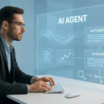 SuperGok Futuristic workspace showing a human interacting with a holographic AI assistant interface, representing AI agent usage in productivity and learning tasks.