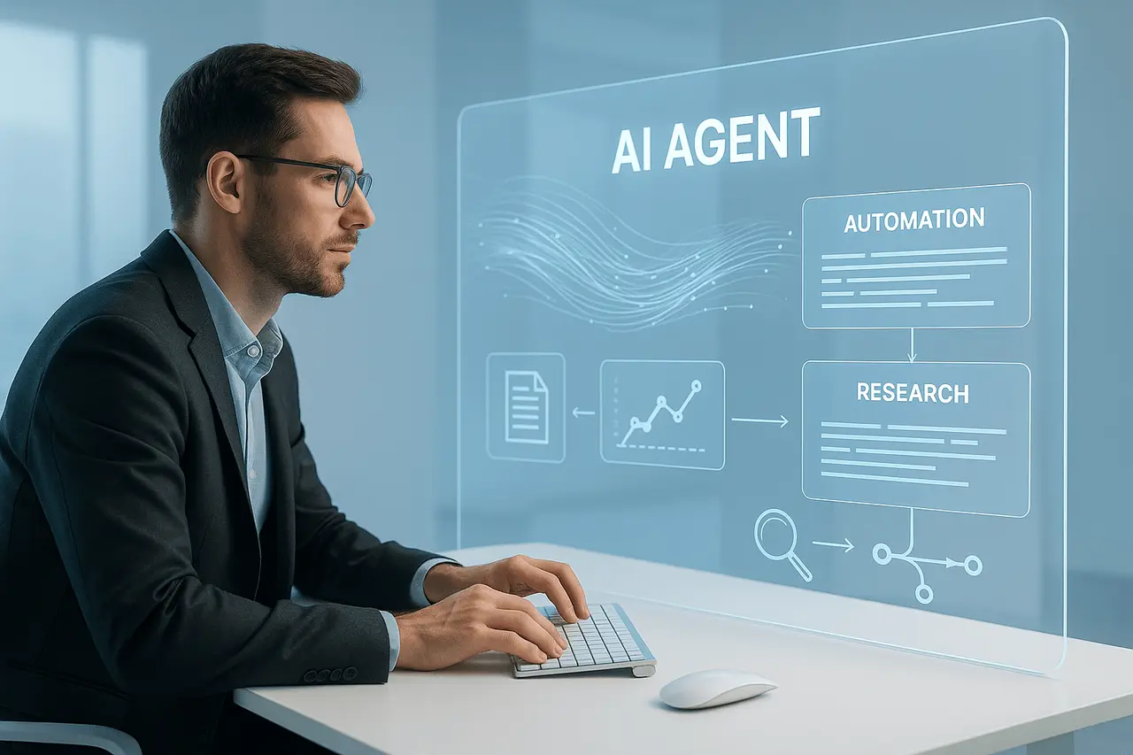 Futuristic workspace showing a human interacting with a holographic AI assistant interface, representing AI agent usage in productivity and learning tasks.