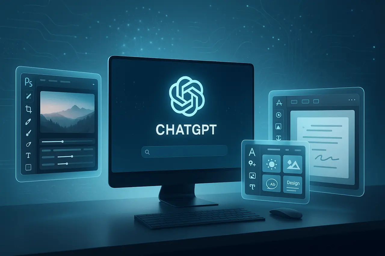 Illustration of Adobe Photoshop ChatGPT integration showing AI-powered photo editing, design, and PDF tools inside a unified ChatGPT interface.