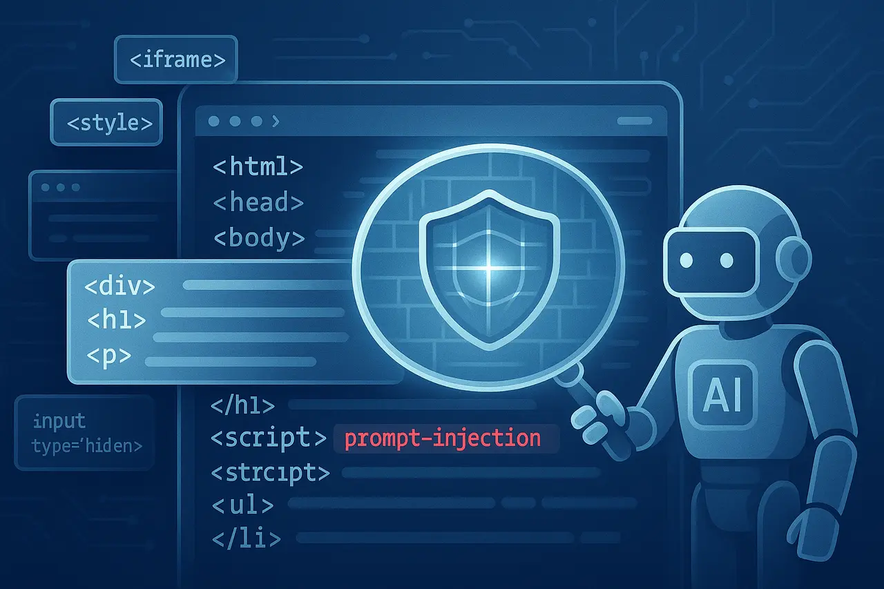 BrowseSafe AI model detecting hidden prompt injection threats in an HTML webpage for secure AI browser agent protection.