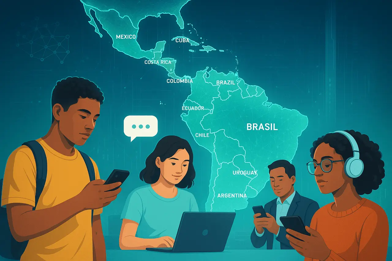 Illustration of AI adoption growth showing the expansion of ChatGPT Go Latin America with users across the region accessing affordable advanced AI tools.