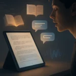 ElevenReader Voice Chat illustration showing a user talking to an ebook with AI-generated soundwaves and interactive reading elements.