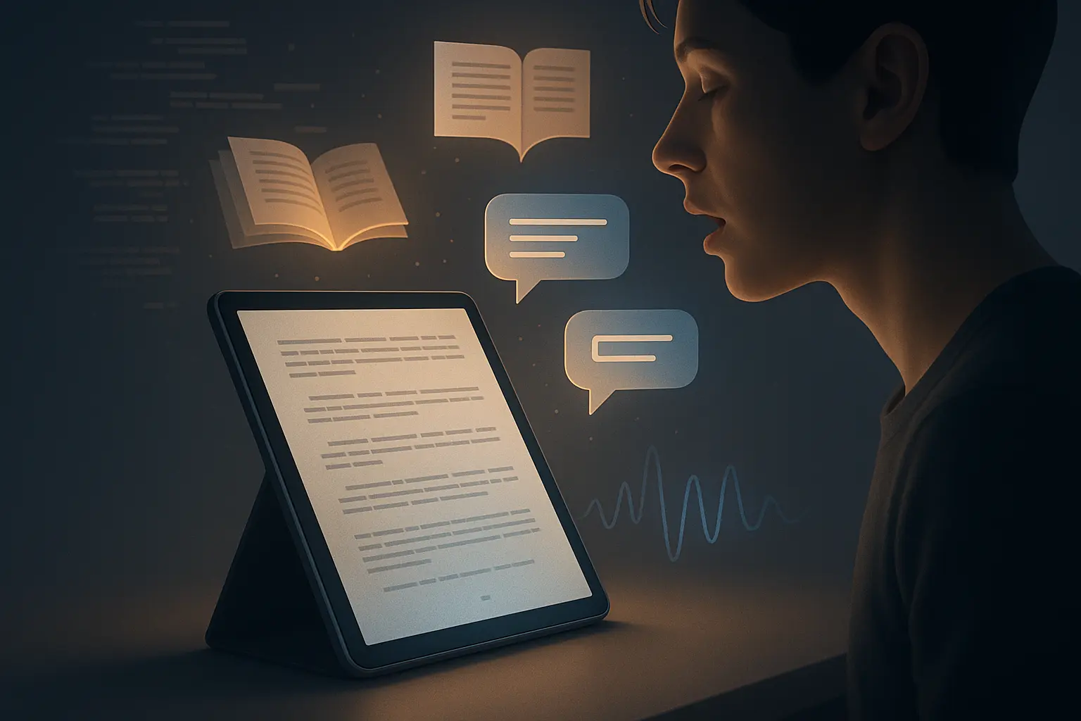 ElevenReader Voice Chat illustration showing a user talking to an ebook with AI-generated soundwaves and interactive reading elements.