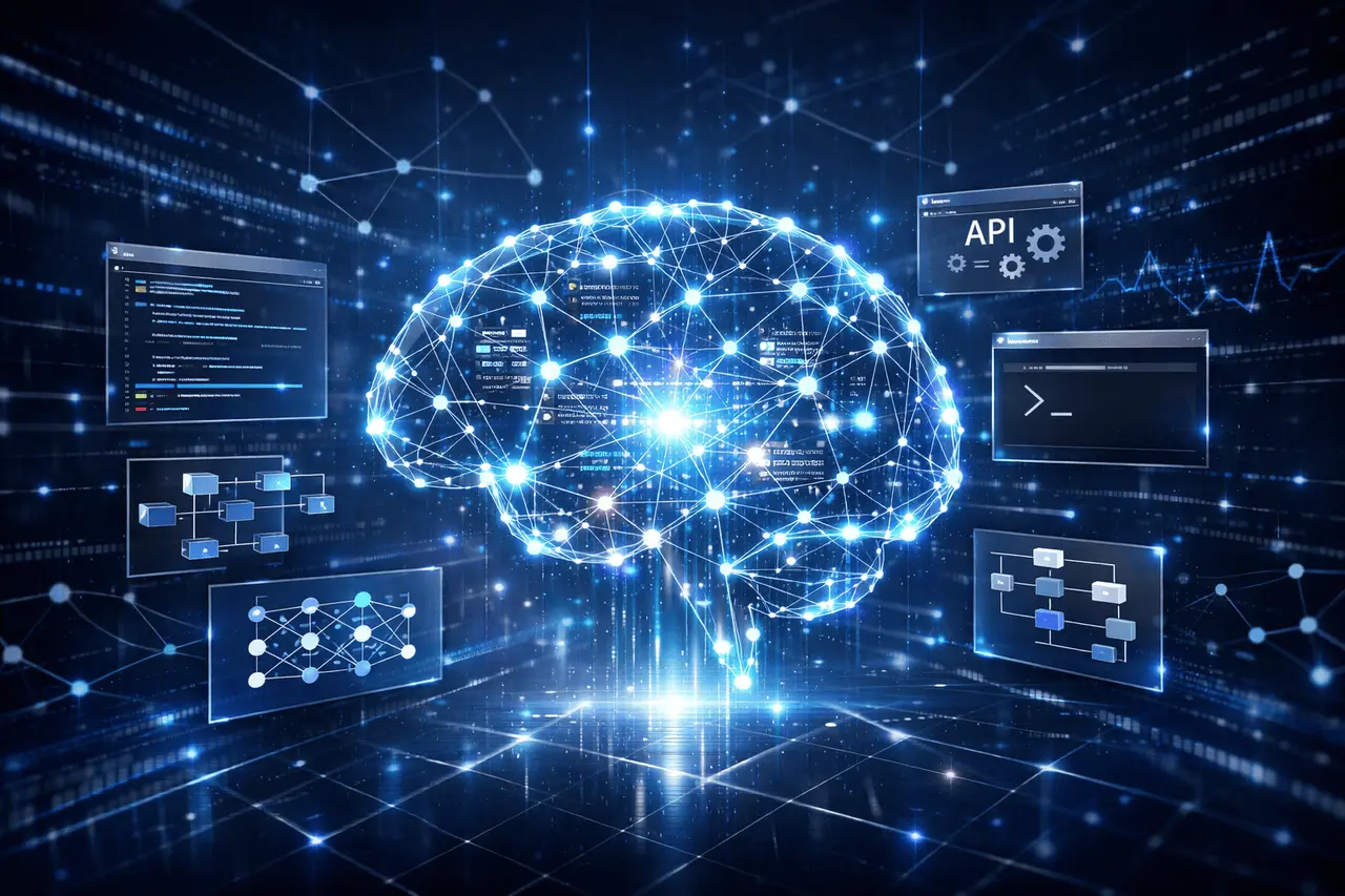 GLM-4.7 open-source AI model visual showing advanced neural networks, coding workflows, and intelligent reasoning systems.