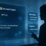 Futuristic GPT-5.1 Copilot interface displaying Reminders and Projects for enhanced AI productivity.