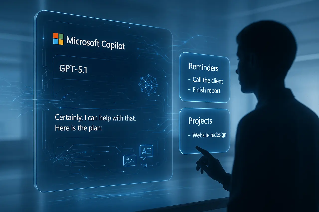 Why GPT-5.1 Copilot Is Becoming a Complete Productivity Hub? Futuristic GPT-5.1 Copilot interface displaying Reminders and Projects for enhanced AI productivity.