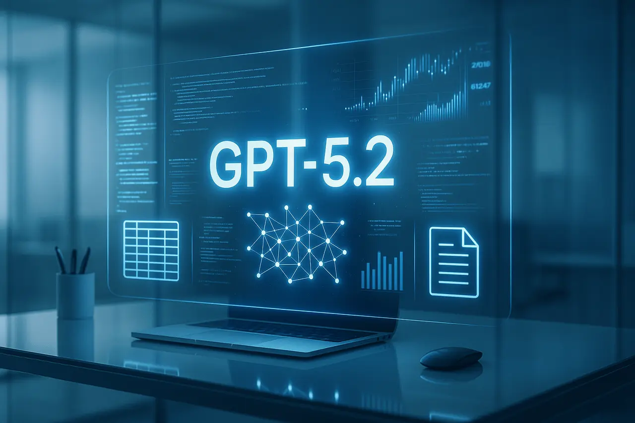 Futuristic AI workspace with holographic interface showcasing GPT-5.2 and visual elements representing advanced professional productivity tools.