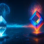 Futuristic AI landscape illustrating GPT-5.2 competing with next-generation models in a high-tech neural arena.
