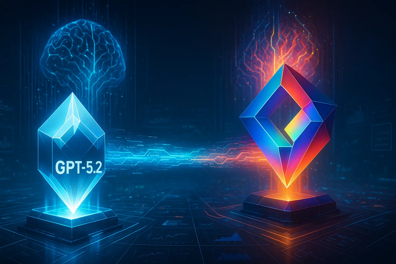 GPT-5.2 Release: Features, Upgrades and OpenAI’s Code Red Response Futuristic AI landscape illustrating GPT-5.2 competing with next-generation models in a high-tech neural arena.