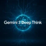 Illustration of Gemini 3 Deep Think showing advanced AI reasoning with neural networks, iterative thinking layers, and parallel hypothesis pathways.