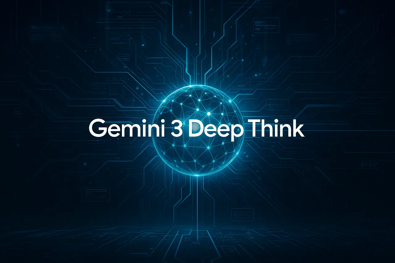 Illustration of Gemini 3 Deep Think showing advanced AI reasoning with neural networks, iterative thinking layers, and parallel hypothesis pathways.
