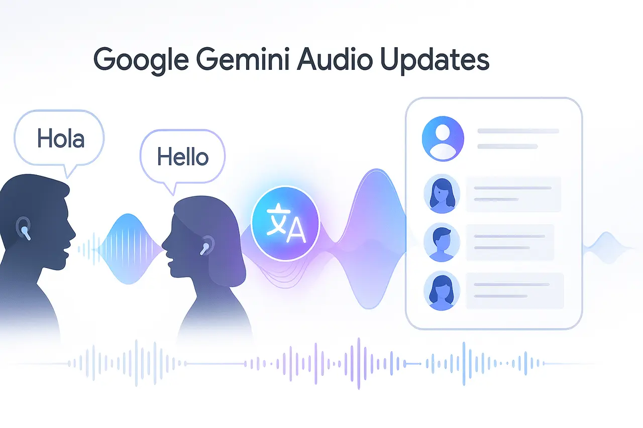 Google Gemini Audio Updates showcasing live speech-to-speech translation and advanced AI text-to-speech technology.