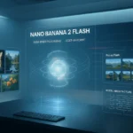 SuperGok Futuristic AI workspace visualizing the Nano Banana 2 Flash model with holographic graphics and high-quality image panels.