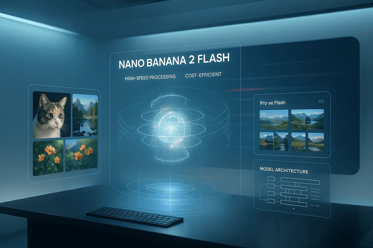 Futuristic AI workspace visualizing the Nano Banana 2 Flash model with holographic graphics and high-quality image panels.