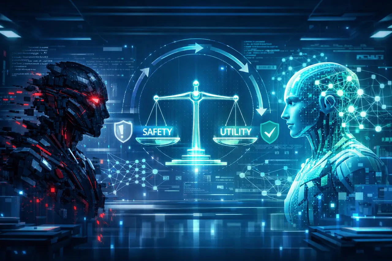 Language model safety illustrated through a game-theoretic AI alignment framework with attacker and defender models using reinforcement learning.