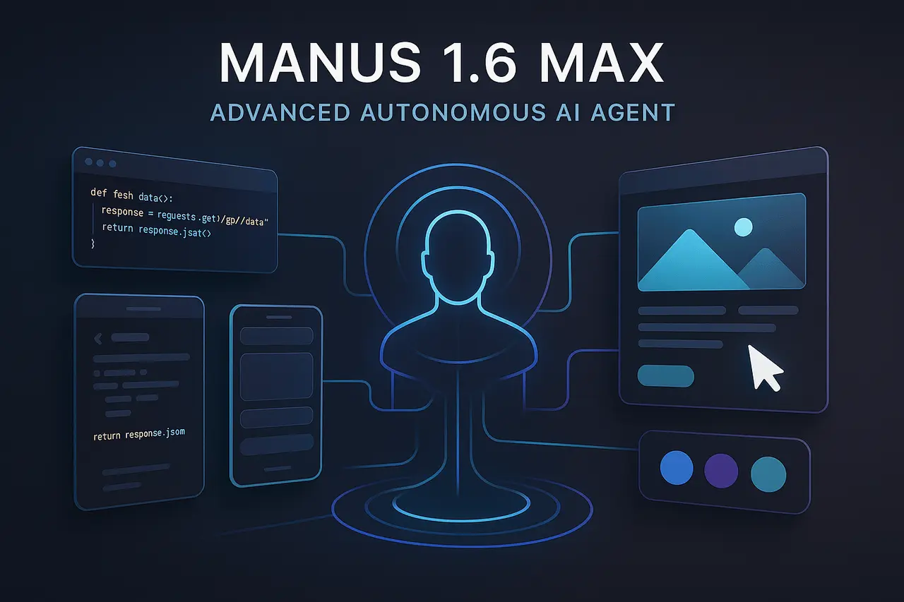 Manus 1.6 Max autonomous AI agent showcasing performance upgrades, mobile app development, and advanced design interface.