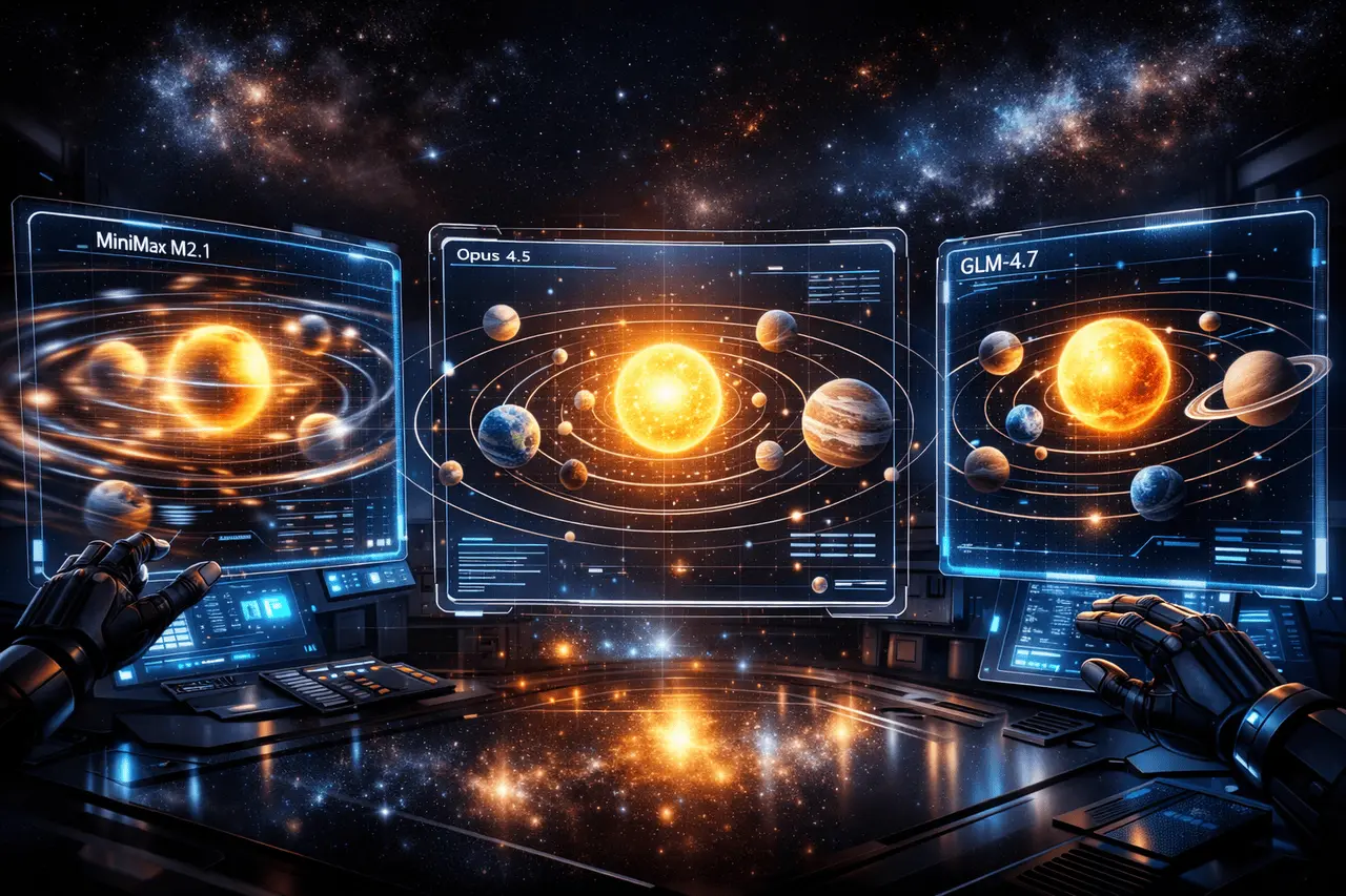 MiniMax M2.1 vs Opus 4.5 vs GLM-4.7 comparison showing AI models building an interactive 3D solar system with different design and performance levels.