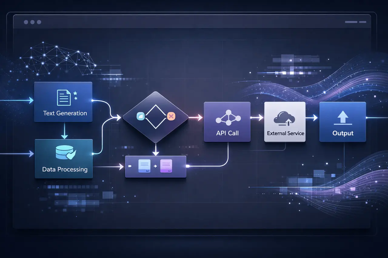Mistral AI Workflow Builder interface showing automated AI workflows with connected nodes, task orchestration, and enterprise AI automation concepts.