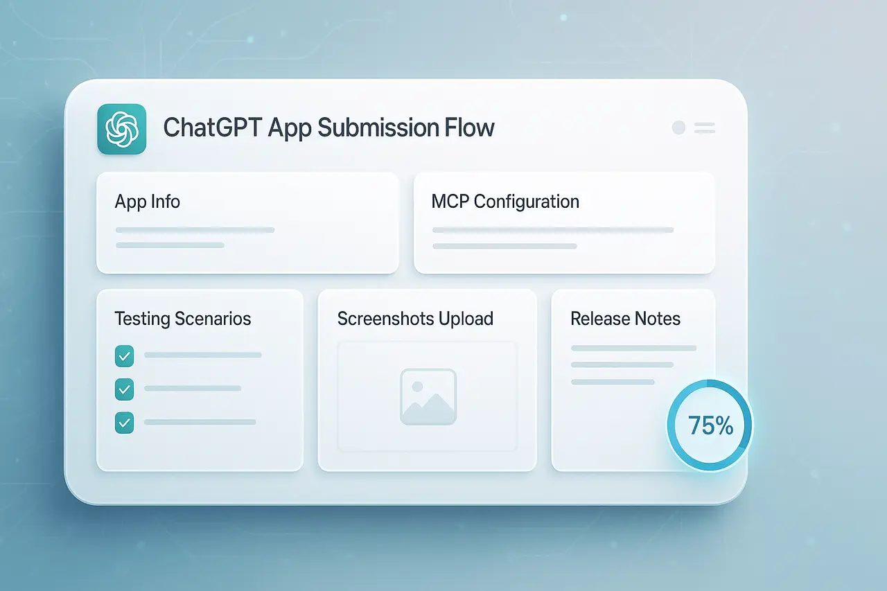 New ChatGPT App Submission Flow: What Developers Should Know? Illustration of the ChatGPT App Submission Flow showing app info, MCP details, testing scenarios, screenshots, and review steps.