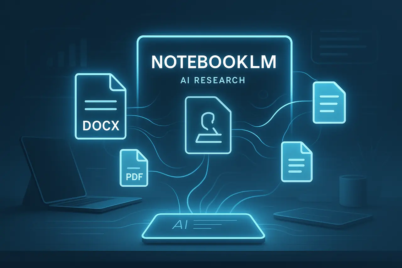 Illustration of NotebookLM DocX support showing AI analyzing connected Word documents and multiple file formats in a modern digital workspace.