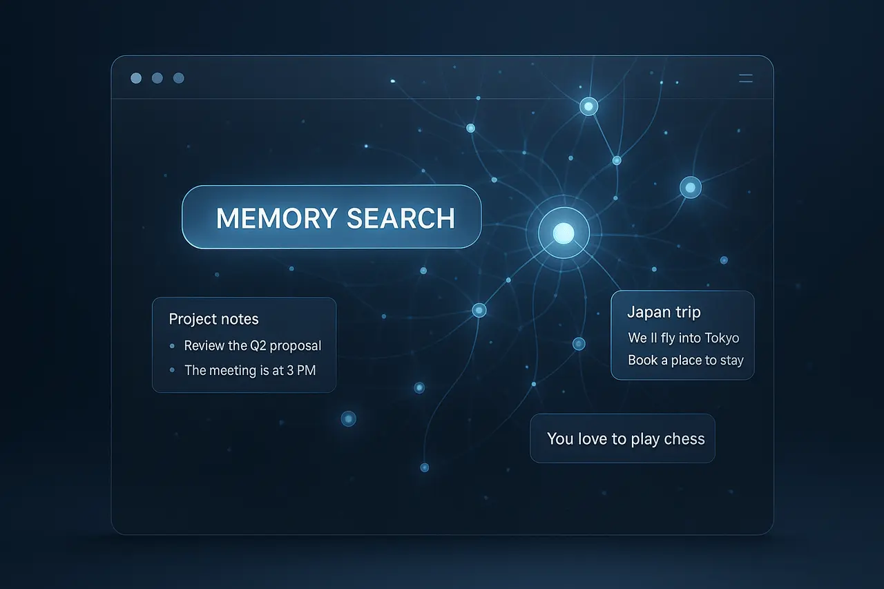 Illustration of the OpenAI Tests Memory Search for ChatGPT feature showing an AI interface with contextual memory search elements.