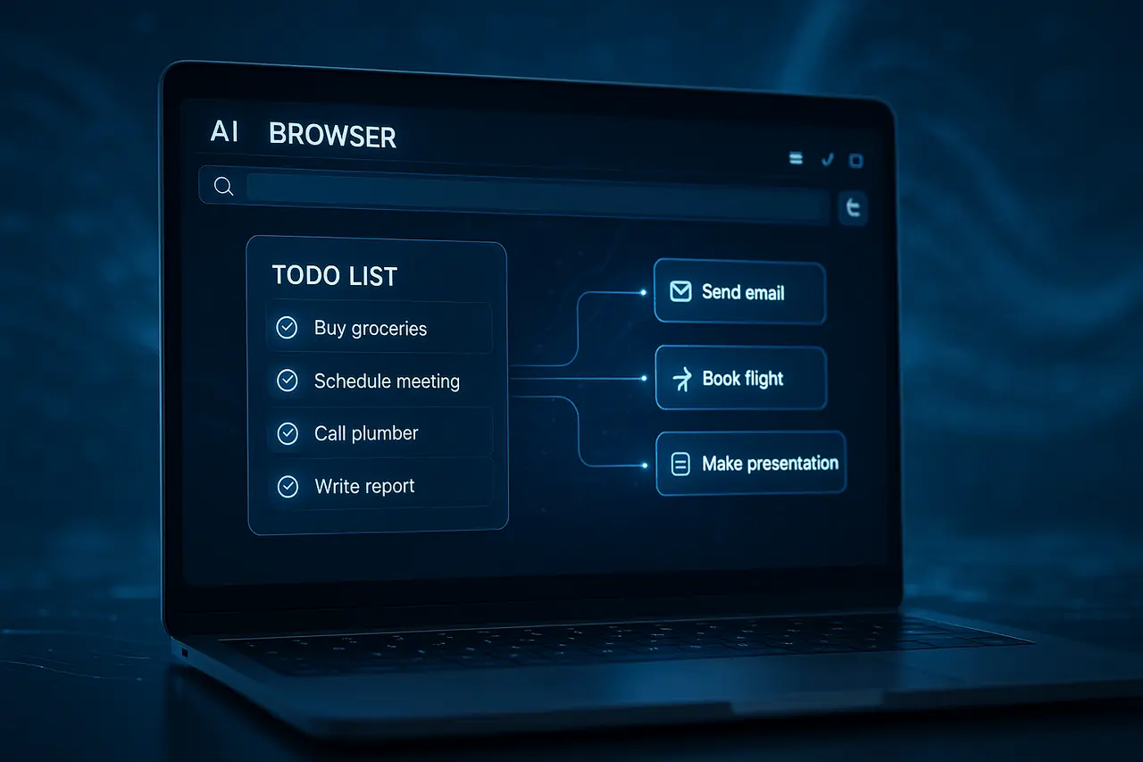 Illustration of an AI-powered browser interface with integrated task management tools, representing the Perplexity Comet to-do feature.