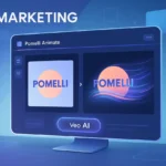 AI-generated marketing interface showing Pomelli Animate transforming static brand assets into animated content using Veo 3.1.