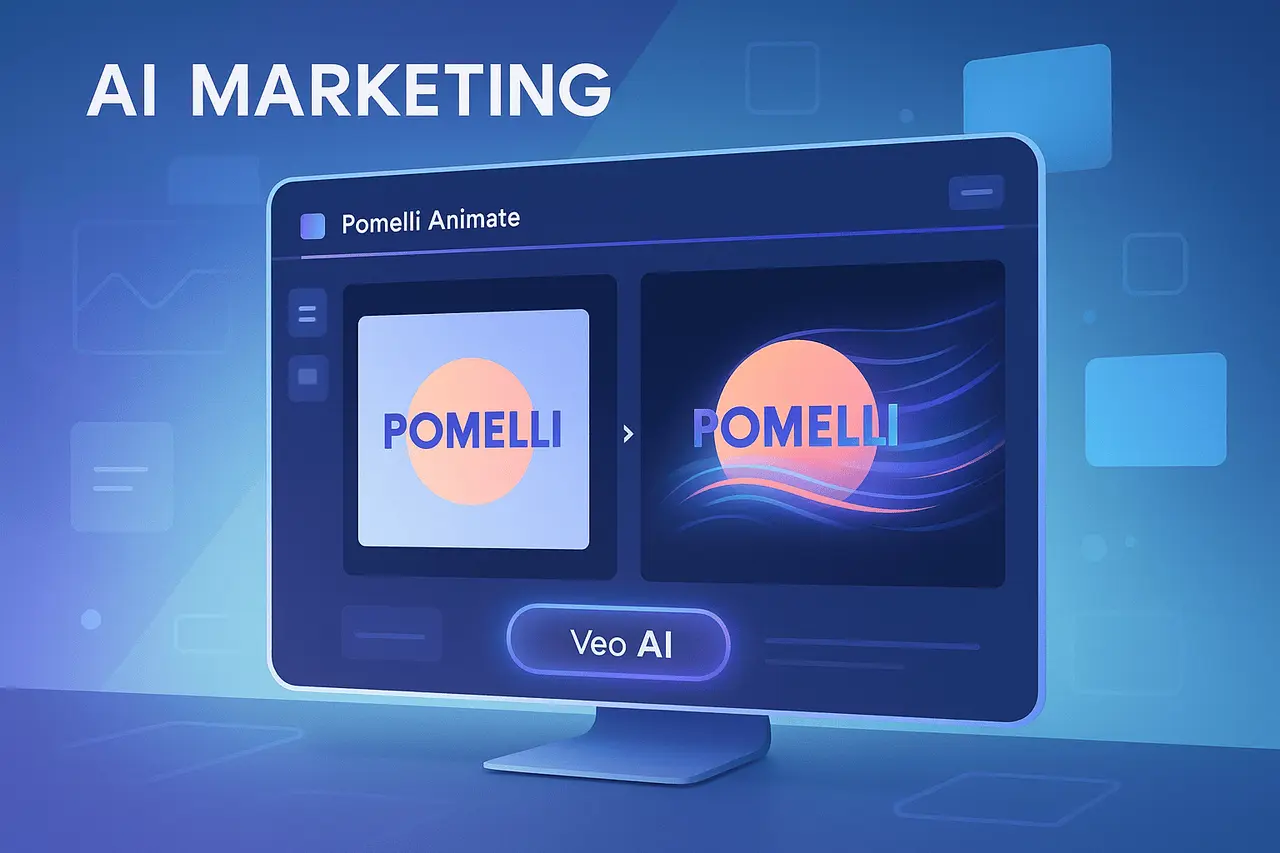 AI-generated marketing interface showing Pomelli Animate transforming static brand assets into animated content using Veo 3.1.