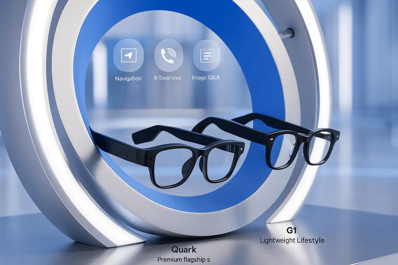 Quark AI Glasses S1 and G1 models displayed with futuristic AI interface elements showcasing navigation, translation, and smart wearable features.