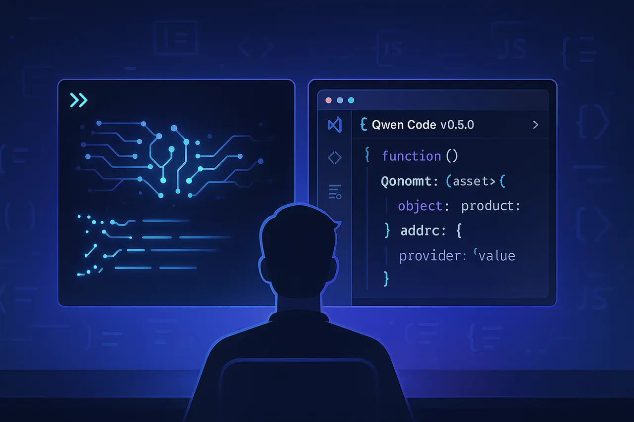 Qwen Code v0.5.0 feature image showing AI-powered CLI and VSCode integration for modern software development.