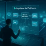 Supabase for Platforms visual showing a futuristic control hub managing white-label backend instances with connected Postgres data nodes.