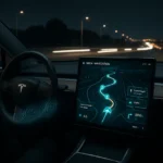 SuperGok Tesla Grok Navigation interface showing AI-powered hands-free multi-stop routing inside a futuristic Tesla dashboard.