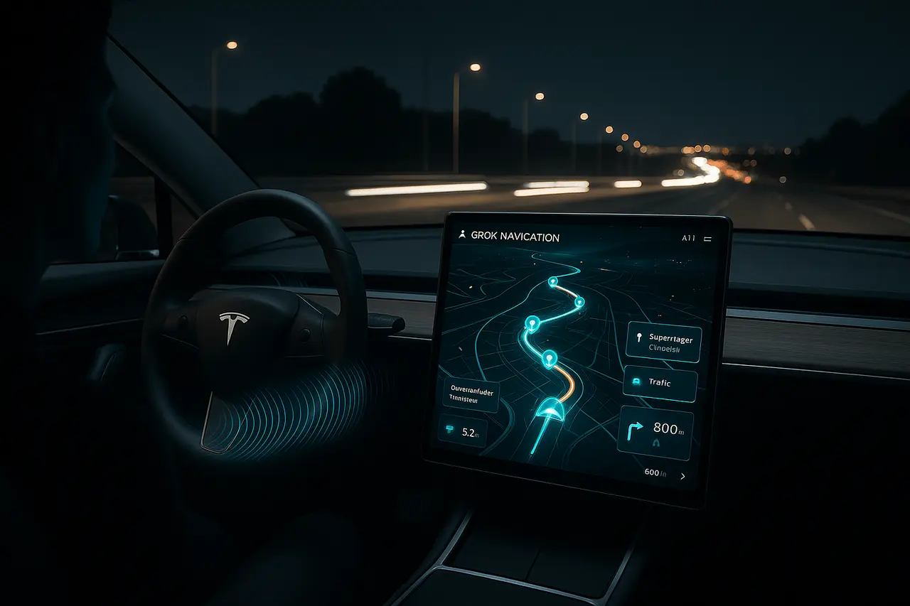 Tesla Grok Navigation interface showing AI-powered hands-free multi-stop routing inside a futuristic Tesla dashboard.